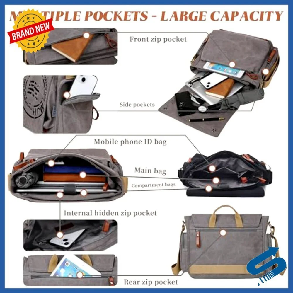 Canvas Messenger Bag Satchel Vintage Travel Shoulder Bag Laptop Compatible